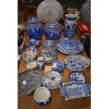 A selection of blue and white wear ceramics including Ringtons tea and Royal Copenhagen