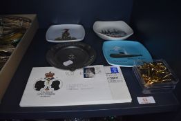 Four vintage advertising dishes including Raleigh Carlsberg and Vickers dock yard