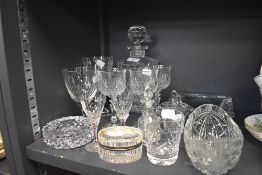 A selection of clear cut crystal glass wares including wine glasses and decanter etc