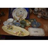 A selection of ceramics including Wedgwood Jasperware blue and green designs