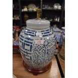 A large hand decorated Chinese food jar having been later converted into lamp base