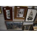 A selection of various ethnic and similar prints including a Chinese porcelain plaque hand decorated