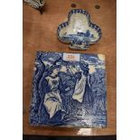 A Wedgwood blue and white wear tile from the months of the year series and similar delft dish