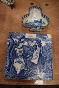 A Wedgwood blue and white wear tile from the months of the year series and similar delft dish