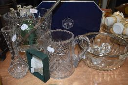 A selection of glass including fruit bowl,jug and vase also a large tazza or similar with