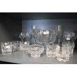 A selection of clear cut crystal glass wares by Stuart in a Snow drop design