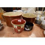 Two large salt glazed cream or butter bowls and two planters