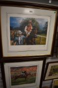 Two prints, after Claire Eva Burton, horse racing interest, Sonic Lady at Goodwood, 40 x 47cm, and