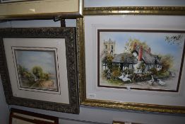 Two watercolours, Gail Lodge, pastoral country lane, 21 x 23cm, and village scene, 26 x 36cm, each