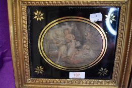 Two early Victorian prints having black glass mounts with gilt and gesso frames