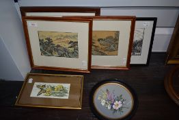 A selection of prints, a machine woven butterfly image and an oil on board