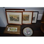 A selection of prints, a machine woven butterfly image and an oil on board