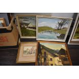 A selection of naive oil paintings on board and similar print