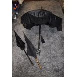 Three antique Victorian sun parasol or umbrella including lace worked and carved ebonised handles