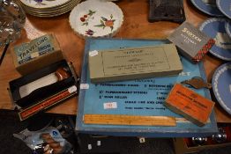 A selection of stationary and hardware including typewriter accessories and a burr wood pipe