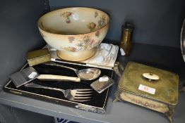 Three vesta cases, a cut throat razor, a footed Crown Devon bowl and a serving set