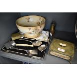 Three vesta cases, a cut throat razor, a footed Crown Devon bowl and a serving set