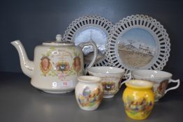 A tea pot and two tea cups for the Preston merchants guild and two Blackpool souvenir plates