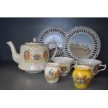 A tea pot and two tea cups for the Preston merchants guild and two Blackpool souvenir plates