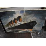 An original oil on canvas of an ocean liner having plaster relief work