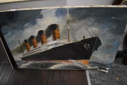 An original oil on canvas of an ocean liner having plaster relief work