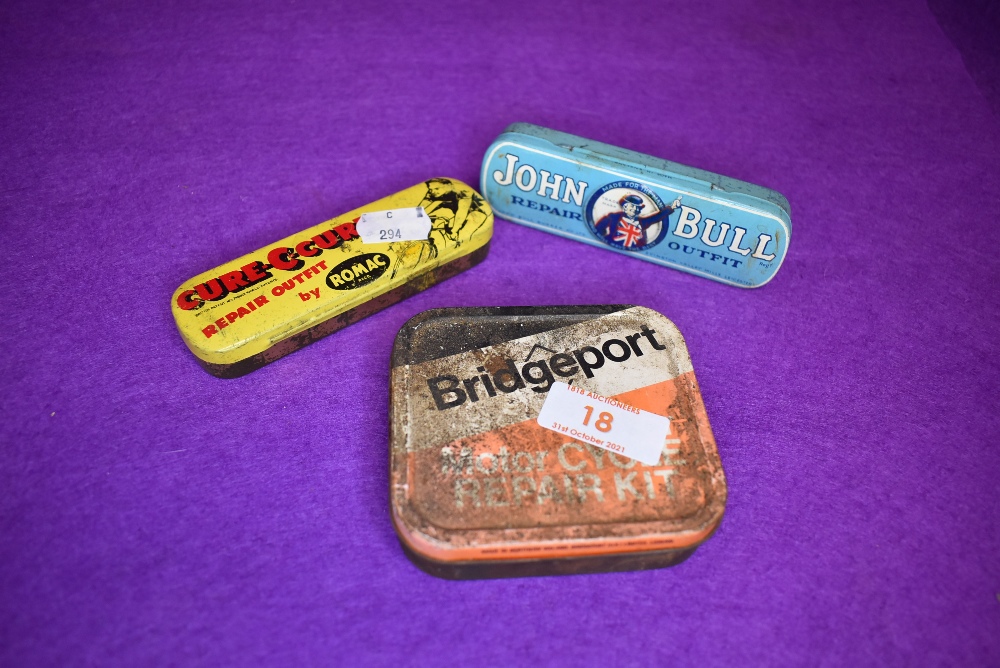 Three vintage bicycle or tyre repair outfit tins including John Bull and Romac