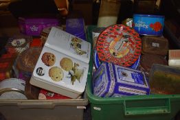 Two boxes of collectable advertising tins including biscuit and similar