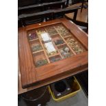 A stained pine wall display case containing dried grasses etc