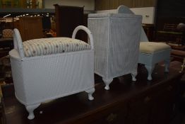 A Lloyd Loom linen basket and a woven fibre nursing chair and box stool