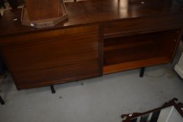 A vintage sapele sideboard (office or living) having tambour doors, width approx 153cm