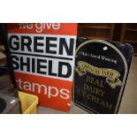 Two metal signs, Green Shield stamps and Cheshire Ice Cream