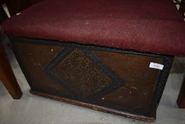 A late 19th or early 20th Century oak bedding or similar box of small proportions having Lincrusta