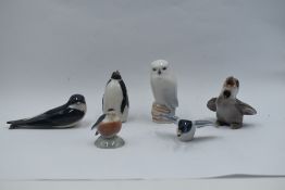 Six Royal Copenhagen studies, Flying Duck 24, Baby Robin 2238, Swallow 2374, Owl 1741, Baby