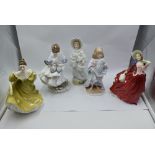 Four figurines, Royal Worcester Lullaby, Coalport Visiting Day (af), Royal Doulton Autumn Breezes