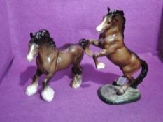 Two Beswick Studies, Welsh Cob Rearing, brown, first version 1014 and Cantering Shire, brown 975