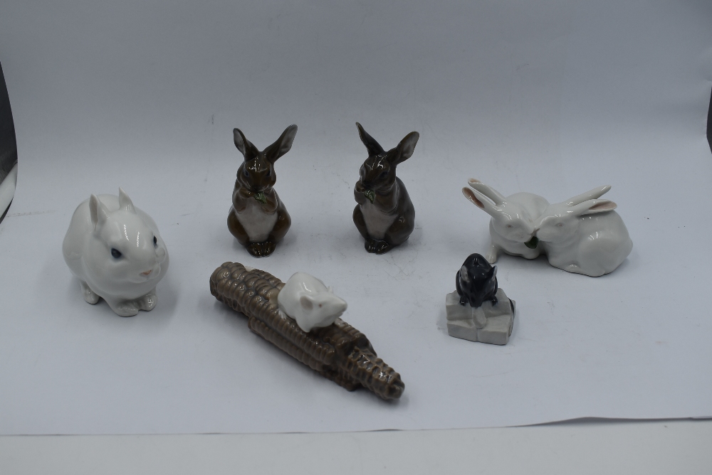 Six Royal Copenhagen studies, Pair of Rabbits 518, White Rabbit 4705, Rabbit 1019 x2, Mouse on Sugar