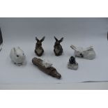 Six Royal Copenhagen studies, Pair of Rabbits 518, White Rabbit 4705, Rabbit 1019 x2, Mouse on Sugar