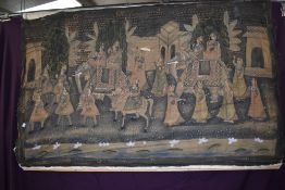 A vintage hand painted Indian scene, backed on cotton wool and mounted on wood battens at a later