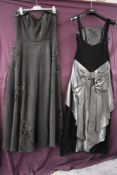 A vintage black velvet dress with grey bow detail to back, and a 1950s lady in black strapless dress
