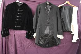 A collection of gents antique clothing including tailcoat with lace ruffled cuffs and navy blue