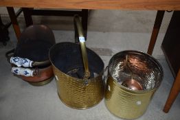 A selection of brass and copped coal buckets etc