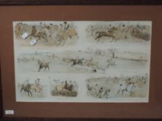 A print, humorous cross country, C19th, 34 x 55cm, plus frame and glazed