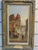 An oil painting on board, F A Rezia, Continental townscape, signed and dated 1905, 30 x 15cm, plus