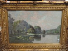 An oil painting, Charles Houben, parkland and lake landscape, 47 x 72cm, plus frame and glazed