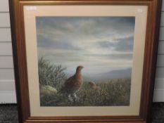 A gouache painting, R Duffield, moorland grouse, signed, 60 x 60cm, plus frame and glazed