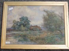 A watercolour, S Grant Rowe, Surrey farmstead and mill pond, signed, 35 x 49cm, plus frame and