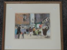 A mixed media picture, attributed to Linda Zelin, Street market York, attributed verso, 20 x 28cm,