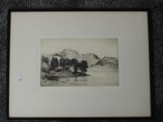 An etching, after Reginald Green, Blea Tarn and Langdale Pikes, signed and attributed verso, 17 x