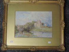 A watercolour, C R Yates, castle and river landscape, possibly Richmond, 24 x 34cm, plus frame and