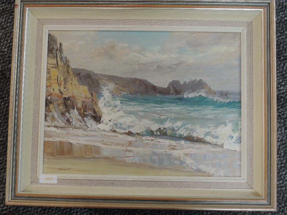 An oil painting, Sheila MacLeod Robertson, Porthcurno Cornwall, signed and attributed verso, 29 x
